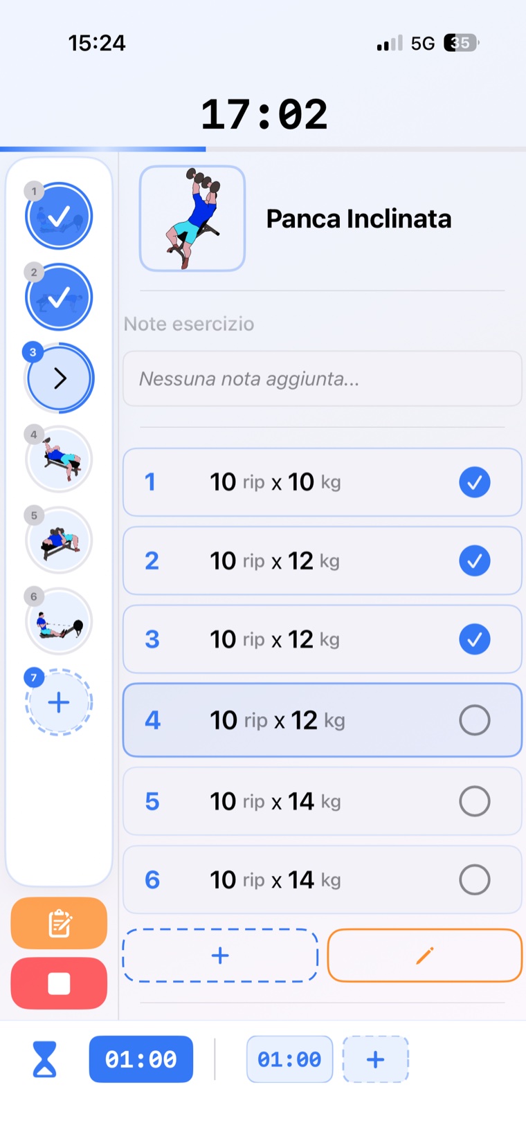 Allenamento in palestra con serie, ripetizioni e peso per ogni esercizio