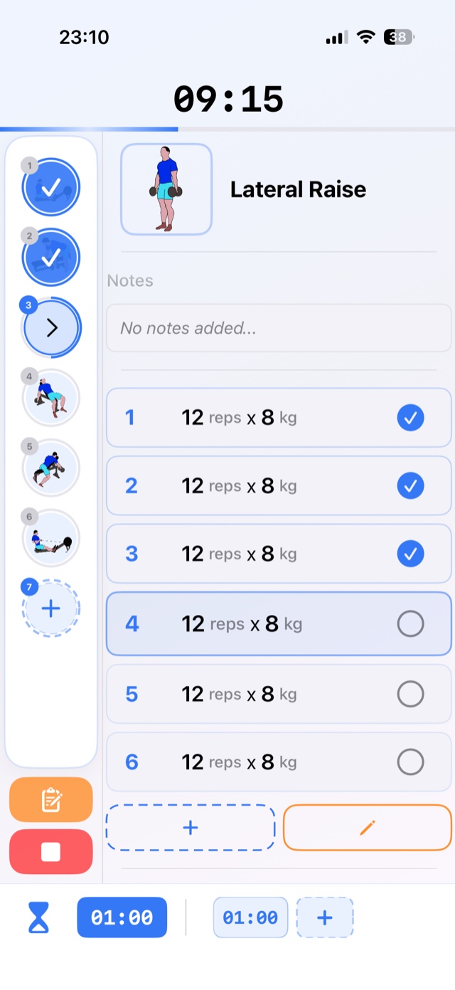 Gym session in progress, showing sets, reps and weight for each exercise