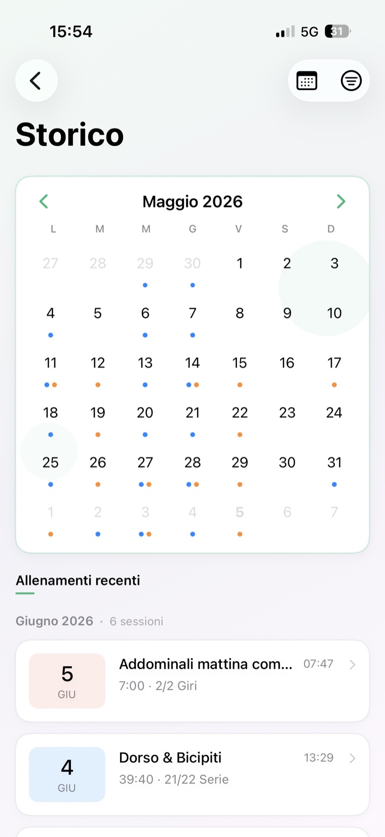 Schermata dello storico con il calendario degli allenamenti
