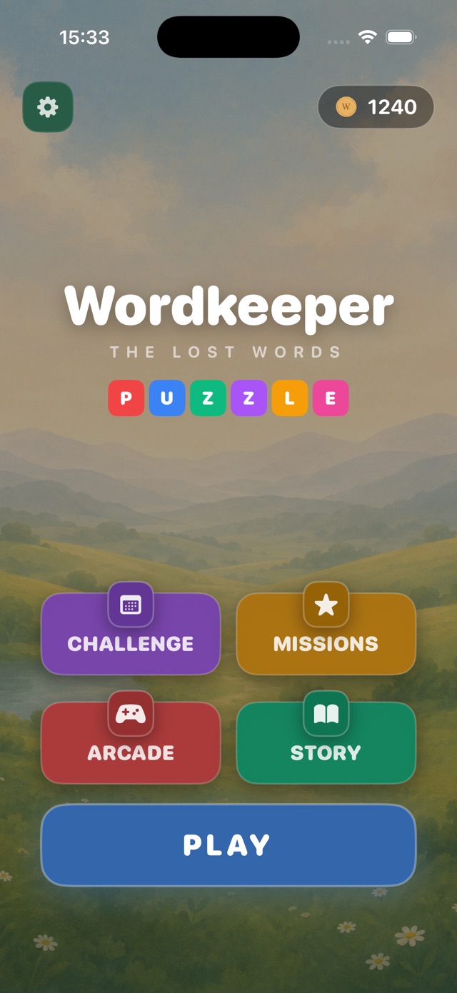 Wordkeeper home screen with the Story, Challenge, Arcade, Missions and Play buttons